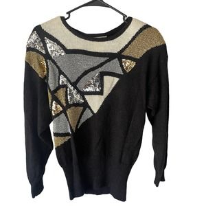 Vintage JG by Joyce Sweater Womens Petite Size‎ 8 Black Sequin Geometric